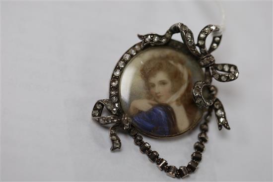 A 19th century gold and silver, rose cut diamond and mother of pearl mounted miniature portrait brooch